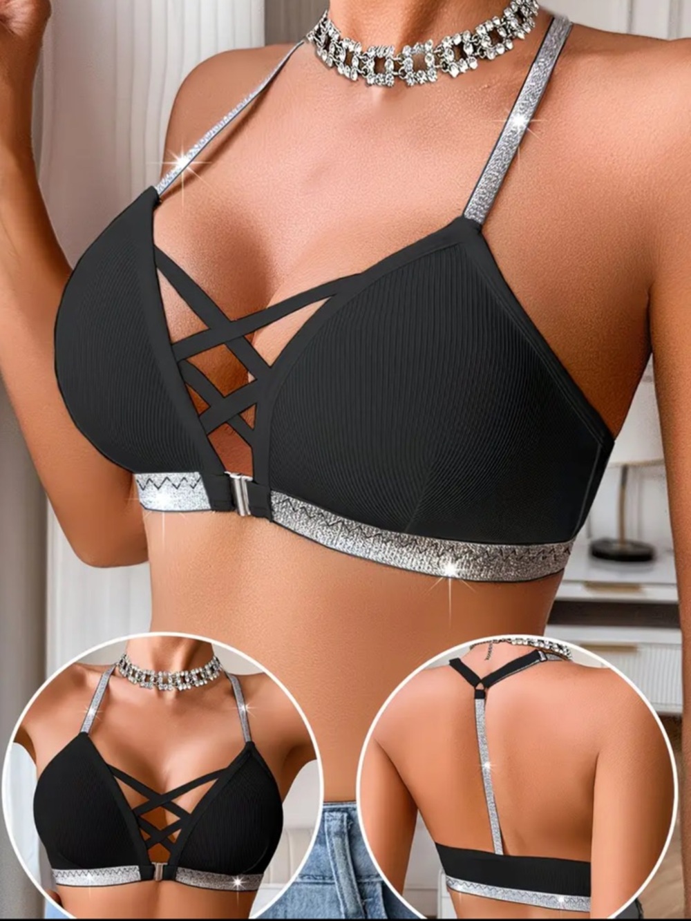 Black & Silver Accent, Strapped, Lingerie Brallete